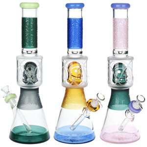 
                  
                    Load image into Gallery viewer, Nekhbet And Friend Etched Beaker Glass Water Pipe - 15&amp;quot; / 14mm F / Colors Vary
                  
                