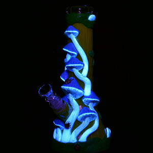 
                  
                    Load image into Gallery viewer, Mushroom Madness Glow in Dark Glass Beaker Water Pipe - 10&amp;quot; /14mm F/ Colors Vary
                  
                
