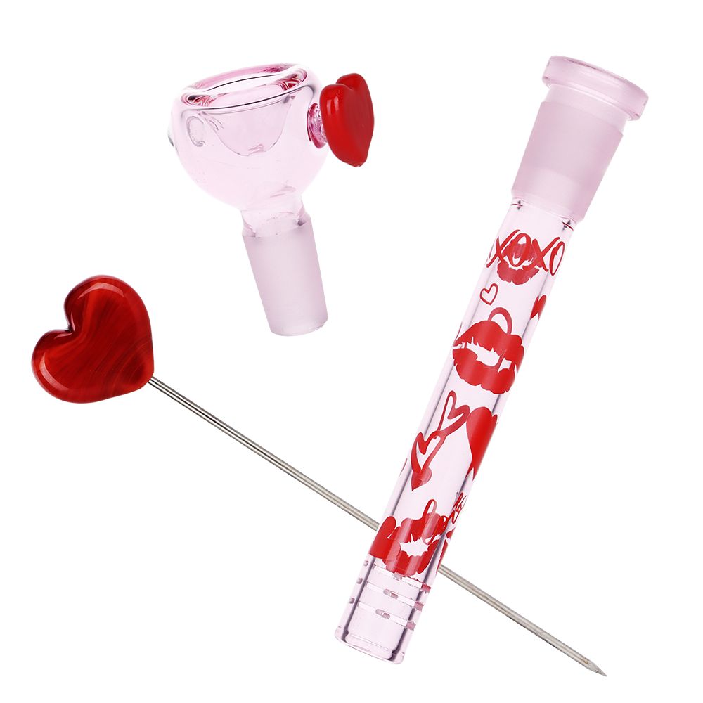 
                  
                    Load image into Gallery viewer, Valentine&amp;#39;s XOXO Glass Beaker Water Pipe &amp;amp; Hand Pipe Set - 10&amp;quot; / 14mm F
                  
                